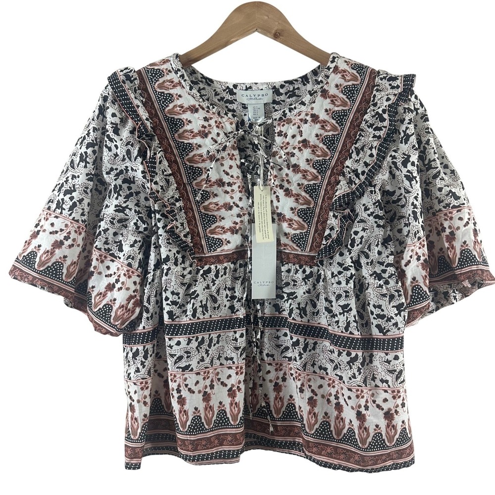 Calypso St. Barth Womens Large Cotton Paisley Ruffle Lace Up Boho Blouse NWT